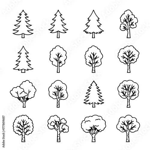 Diverse set of outline vector tree icons, featuring both evergreen conifers and deciduous trees, ideal for graphic design, web elements, and nature-themed visuals