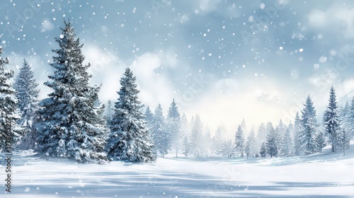 Wallpaper Mural Snowy Winter Forest Scene with Evergreen Trees in Snowfall Illuminated by Soft Sunlight Torontodigital.ca