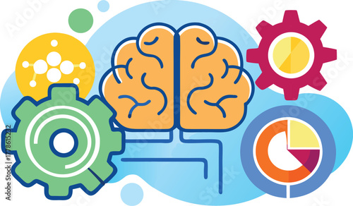 AI content generator icon with brain and gear.