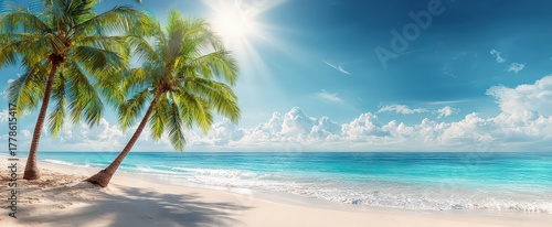 Tropical Beach Scene Featuring Palm Trees Azure Water and Sunny Skies Coastal Landscape View