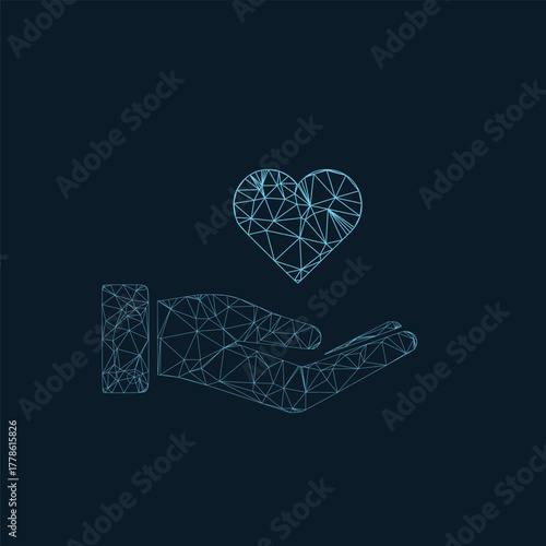 Modern digital hand offering a heart. Perfect for innovative healthcare solutions, tech startups or digital care concepts.