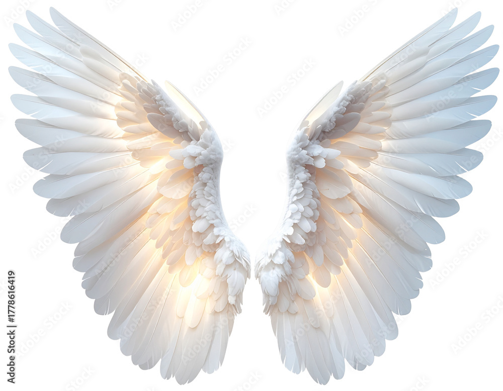 Fototapeta premium Elegant White Angel Wings Fully Spread, Symmetrical Front View, Isolated on Transparent Background