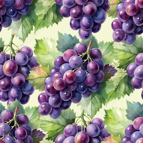 Juicy Purple Grapes Watercolor Vector Pattern