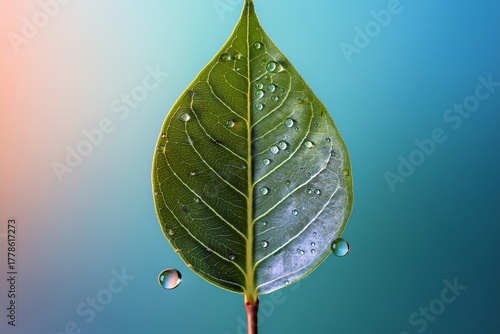 Stunning Macro Photograph of a Green Leaf with Water Droplets Symbolizing Freshness, Nature Conservation, and Environmental Awareness for Educational Materials
