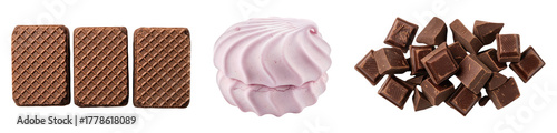 Assortment of Chocolate Wafer Cookies Pink Marshmallow Zephyr and Dark Chocolate Chunks Isolated on transparent background for Dessert Snack Confectionery