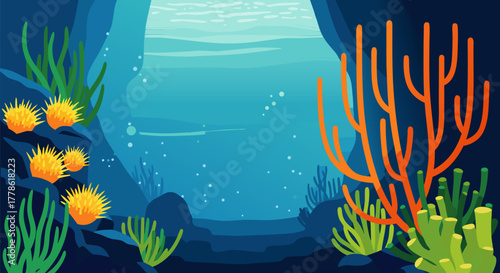 Vibrant underwater scene with diverse marine flora and fauna, creating a rich and dynamic aquatic ecosystem