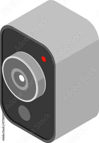 Isometric illustration of a security camera with an active red light and sleek design
