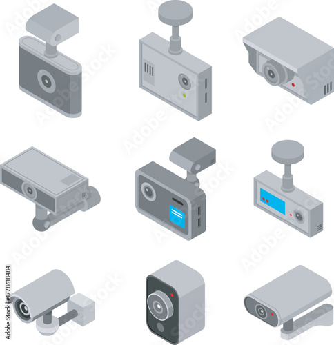 Isometric CCTV Cameras Vector Icons Collection
