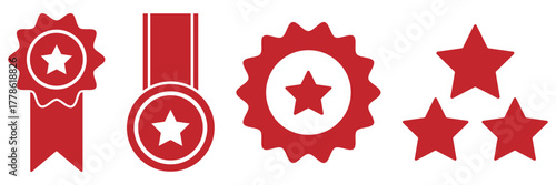 Set of three badge icon ribbons golden, yellow, and star with labels for recognition and achievement outline vector. Collection of award badges shields ribbons and symbols for recognition achievement 