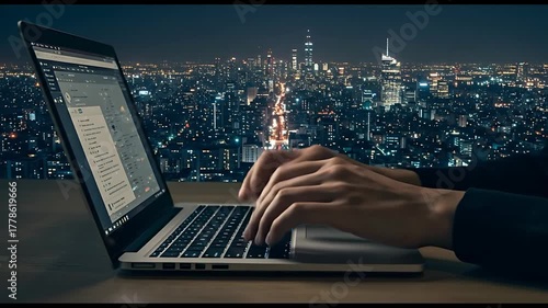 Person typing on a laptop at night with a city skyline in the background, showcasing urban life