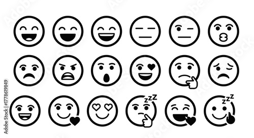 Minimalist Emoji Faces – Black and White Vector Icons Set