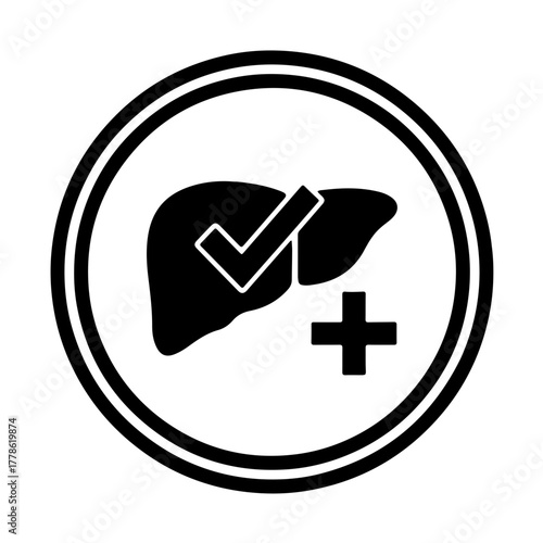 silhouette of the human liver organ featuring a prominent checkmark or plus symbol within its outline. This design strongly represents optimal liver health, prevention, care, and successful treatment