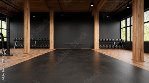 Wallpaper Mural Wellness fitness holistic concept. Modern gym interior with wooden accents and large windows for natural light. Torontodigital.ca