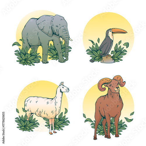 Illustrated collection showcasing an elephant a toucan a llama and a ram surrounded by lush green foliage against a soft yellow backdrop creating a whimsical and educational design