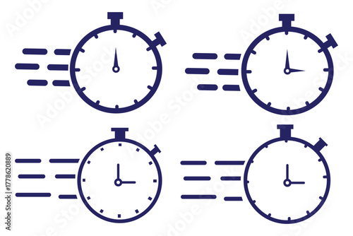 Fast response time clock vector symbol. quick, rush or faster work service Vector work time effect or delivery service time icon. Fast stopwatch icon with motion lines, representing speed,