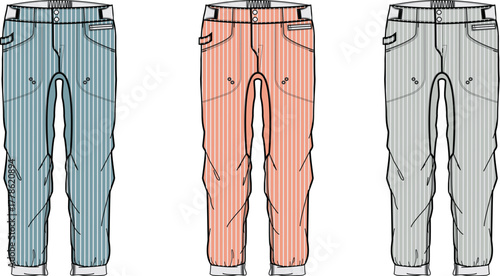 Vector illustrations showcasing three technical flat sketches of casual pants in blue, peach, and gray. Ideal for activewear and comfortable everyday fashion apparel design