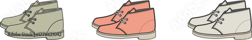 Set of casual lace-up ankle boots illustrated in various colors, offering a choice of stylish and comfortable everyday footwear