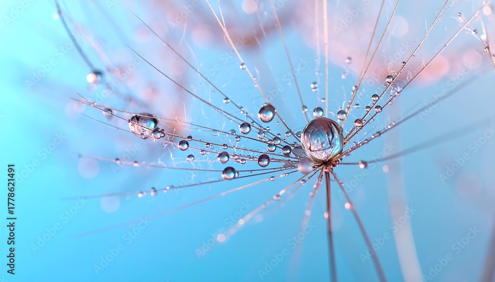 Naklejka premium Macro photograph of water droplets clinging to a dandelion seed with a soft blue background