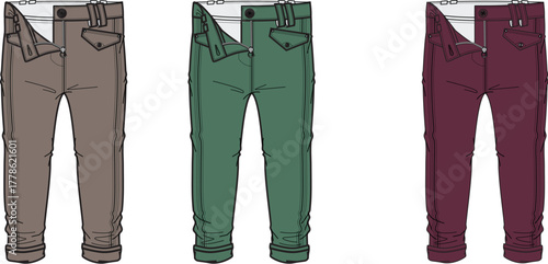 Three pairs of casual pants in different colors, presented as flat illustrations on a white background