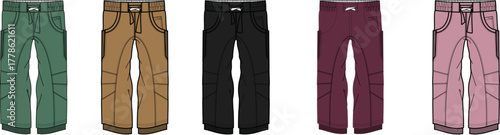 Collection of Five Cargo Pants in Different Colors, Presented in a Line on a White Background