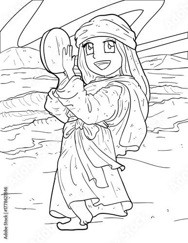 Miriam Dancing with a Tambourine Coloring Page - Celebration at the Red Sea
