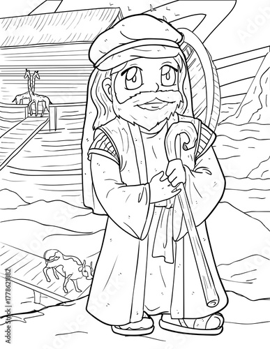 Noah with Staff Standing in front of the Ark Coloring Page - Great Flood Story