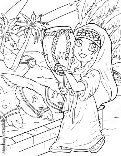 Rebekah Drawing Water for Camels at the Well Coloring Page - Isaac's Bride