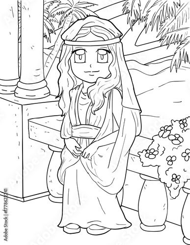 Queen Esther in the Palace Courtyard Coloring Page - Bible Heroine