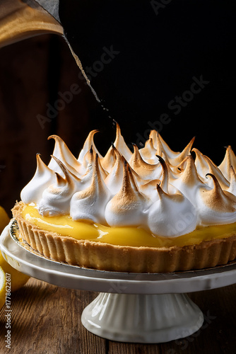 Beautifully Crafted Lemon Meringue Tart with Golden Meringue Swirls and Vibrant Lemon Layers for Educational Baking Tutorials and Creative Food Photography Content
