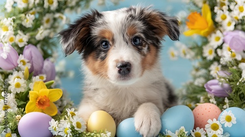 Playful puppy surrounded by spring decorations pastel eggs flowers ribbons and confetti cheerful pet portrait for greeting cards posters social media and seasonal designs on studio background