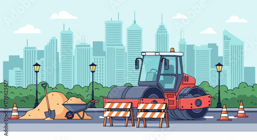 Road construction scene in the city with machinery and barriers illustration