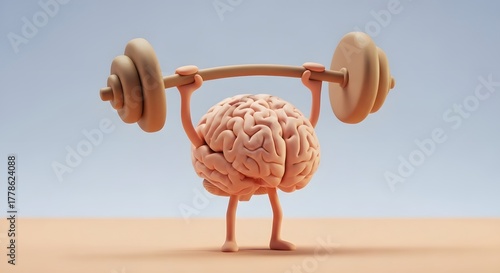 Cartoon brain character lifting a heavy barbell in a minimal, bright setting. Mental strength and intelligence training. Funny brain mascot with arms and legs exercising with a beige background