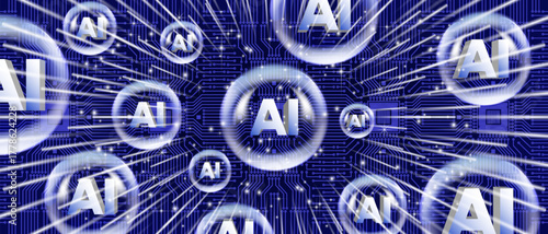 Vector wide tech banner. 3d AI abbreviation. Artificial intelligence and transparent bubbles. Computer chip, rays and sparks. Technological automatic machine learning