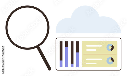 Magnifying glass exploring statistical data on a dashboard with cloud symbol. Ideal for data analysis, cloud computing, research, analytics, online storage, business strategy, technology. Simple flat