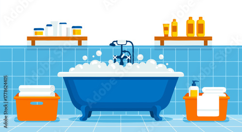Cozy Blue Bathtub Scene Illustration with Towels and Bath Products