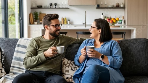 Couple relaxing on a couch, enjoying coffee and conversation
