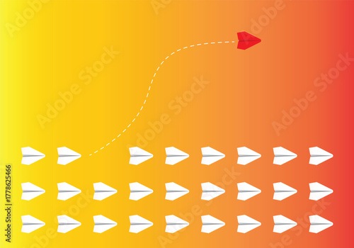 A single red heart shaped paper airplane flies in a different direction from a group of white paper airplanes on a gradient