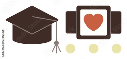 Graduation cap next to framed heart with three dots below, signifying success, love, goals. Ideal for education, achievement, graduation, relationship goals support self-improvement. Simple flat
