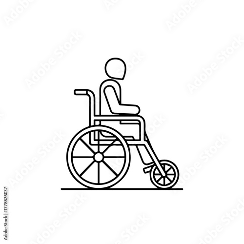 Minimalist line art icon of a person in a wheelchair, representing the international symbol of access for disability and handicapped individuals