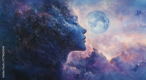 Dreamy artistic portrait of a woman with closed eyes against a celestial full moon sky