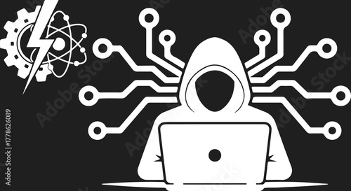 Anonymous hacker using laptop with circuit board and technology icons in white