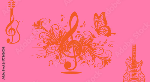 Musical design featuring guitars treble clef butterfly and floral elements