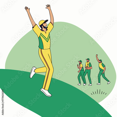 Cricket Match Celebration: A vibrant illustration captures the exuberant celebration of a cricket player amidst his teammates on the field, embodying the spirit of sportsmanship and triumph.