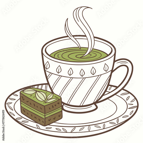 Matcha Tea Delight: A steaming cup of vibrant green matcha tea rests beside a delectable pastry on a beautifully decorated saucer, capturing a moment of serene enjoyment.