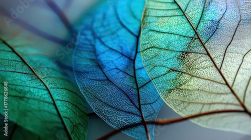 Translucent Teal and Blue Leaves with Intricate Veins against a Blurred Background
