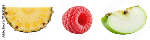Close up of fresh tropical pineapple slice bright red raspberry and green apple wedge isolated on transparent background healthy raw fruit assortment for diet