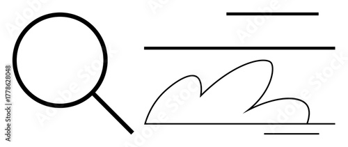 Magnifying glass alongside abstract lines and shapes suggesting analysis, search, cloud storage. Ideal for investigation, research, technology, exploration, data study, problem-solving minimal flat