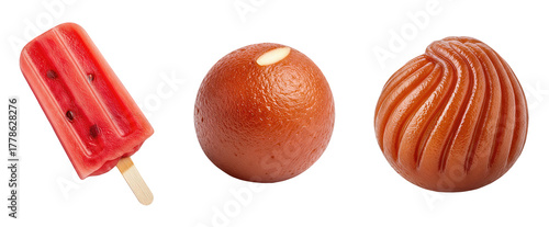 Assortment of three sweet treats Watermelon Popsicle and two Indian sweets Gulab Jamun and a different textured sweet isolated on transparent background for