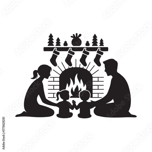 Family sitting by the fireplace on christmas