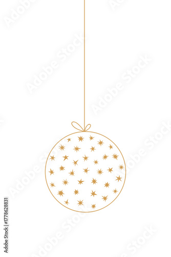 Hanging round glass Christmas tree toy with stars, vector line illustration, flat design. Festive New Year Decorative Golden Element Isolated on White for design, decoration, postcard, poster
